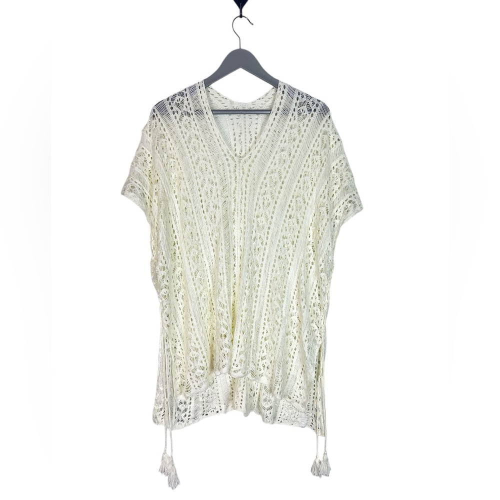 Crochet cotton cover up Ivory, one size lace up sides tassels boho
